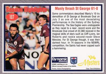 1994 Dynamic NSW Rugby League '94 Masters #107 Manly thrash St George 61-0 Back